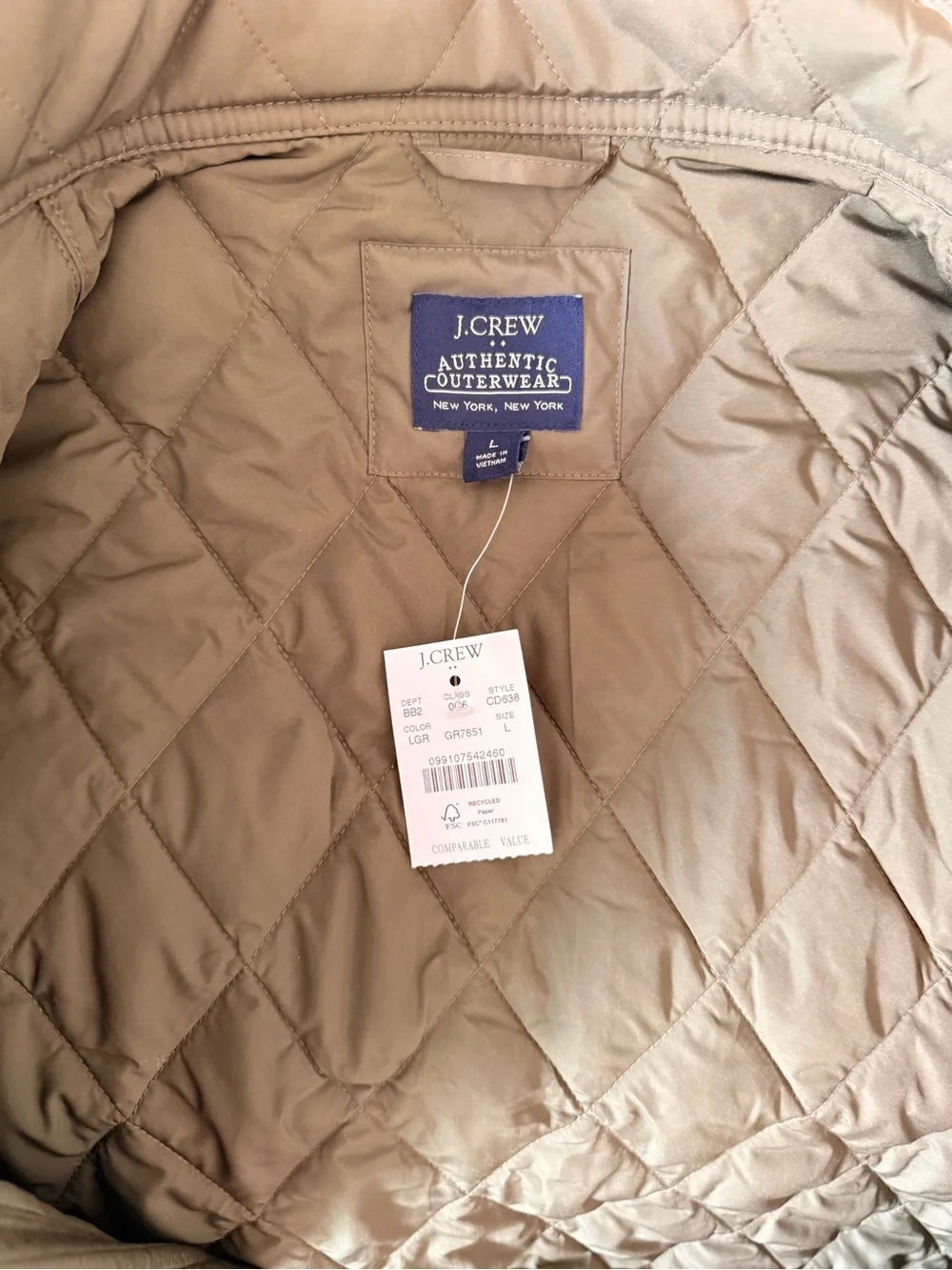 Men’s J.Crew Authentic Outerwear Quilted Vest Olive Green NWT L